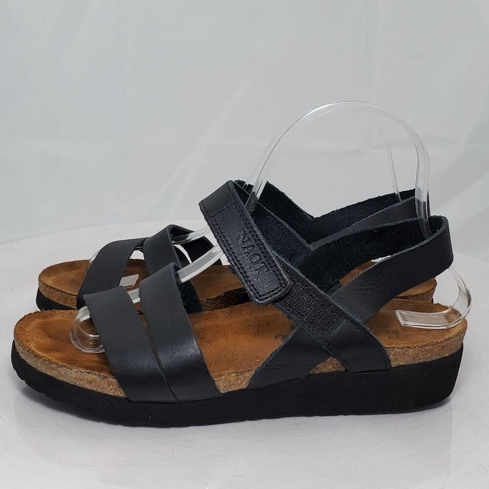 Naot Kayla Leather Slingback Sandals Women 7/38 Black Strappy Wedge Hook Loop